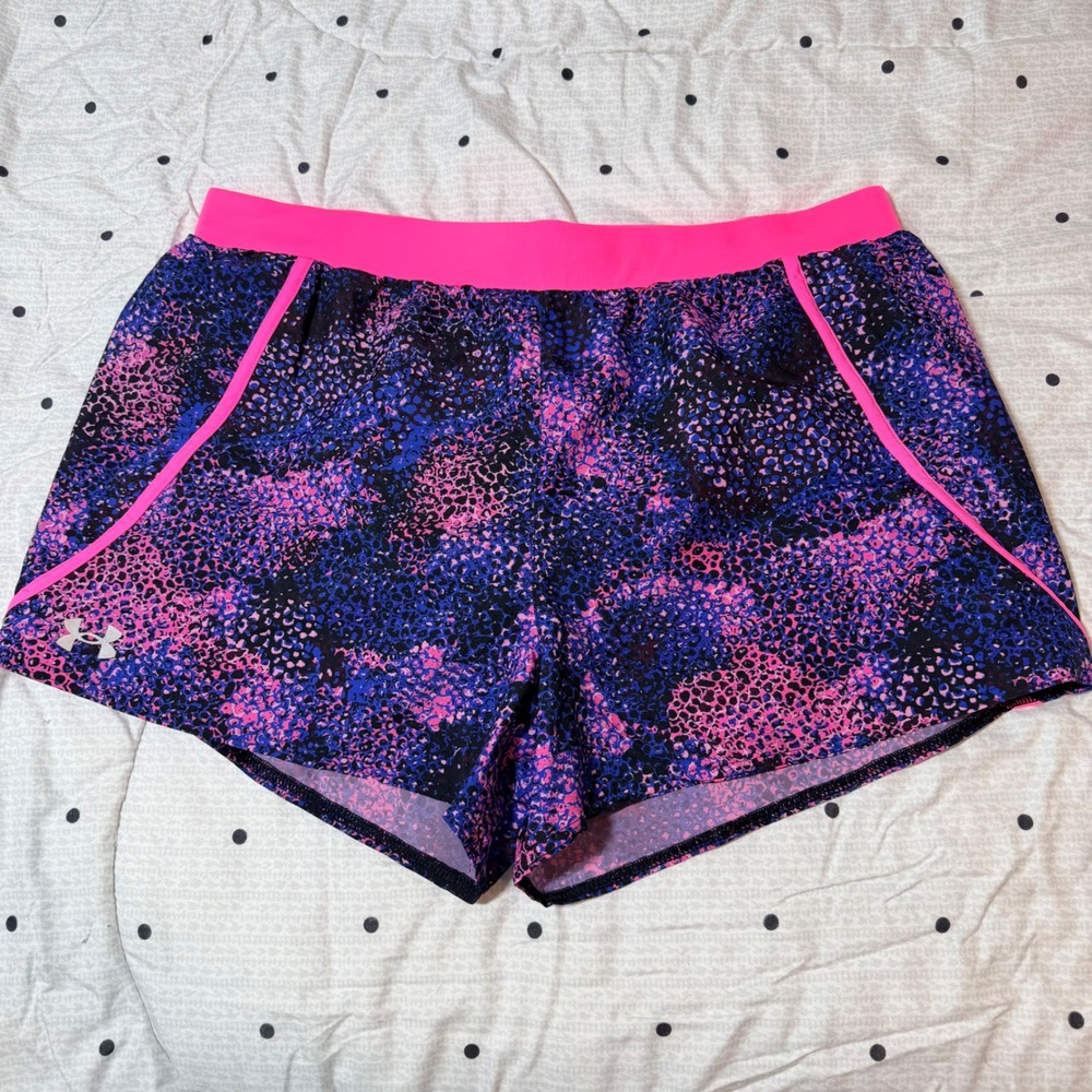 Under Armour HeatGear Womens Large Pink Purple Leopard Print Running Shorts L - Picture 3 of 7